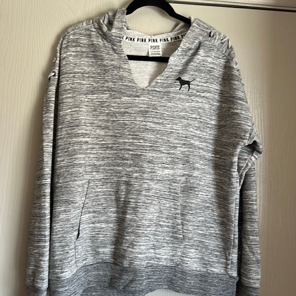PINK grey torn v raw hem hoodie with shoulder lacings sz XS